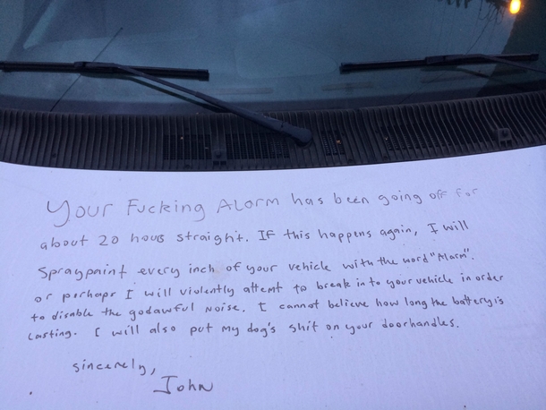 My friend came back from an overnight shift to find this message written in permanent marker on his van
