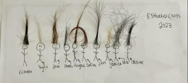 My friend is an esthetician and hairstylist instructor Her students made her this out of locks of their hair