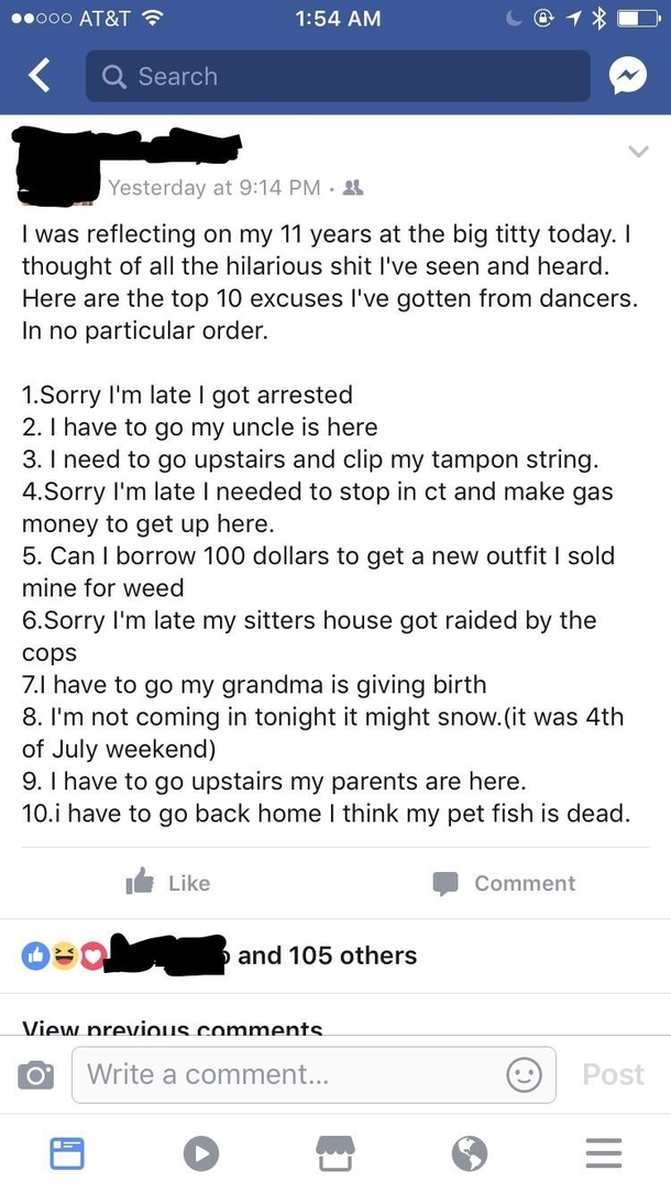 My friend manages a strip club and posted this list of excuses