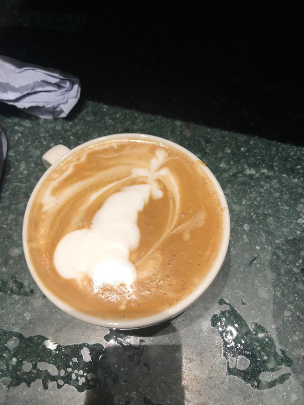My friend recently started as a barista in Starbucks here is a photo of her attempted latte art