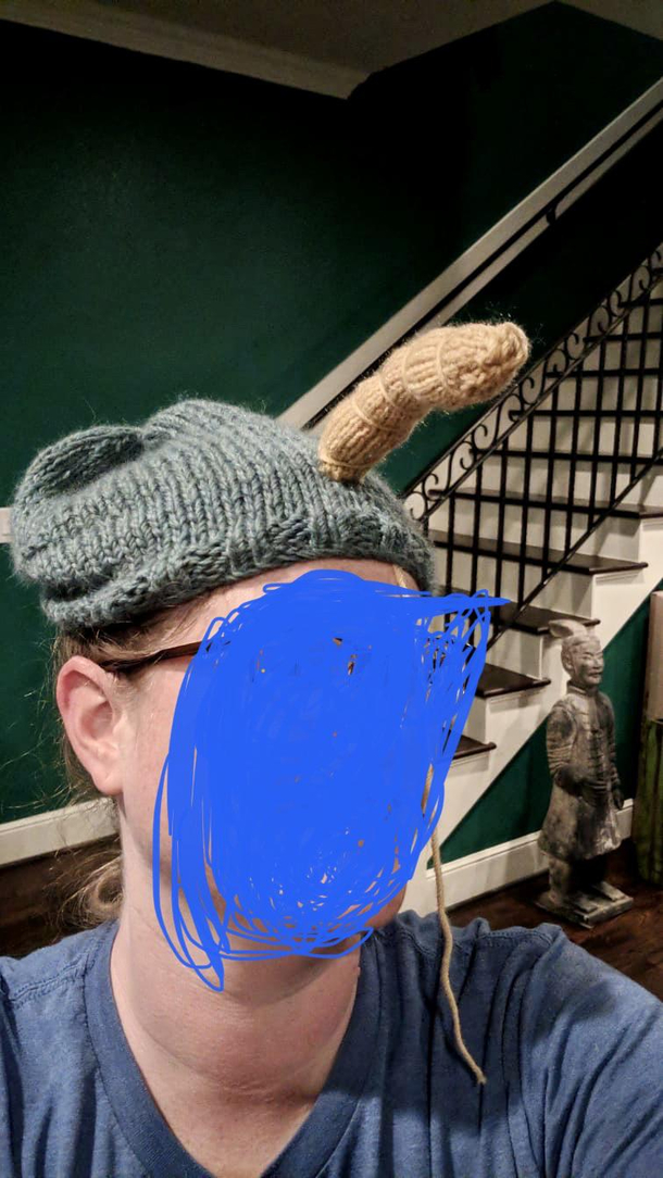 My friend tried to knit a unicorn hat for her niece The horn should definitely not be flesh colored