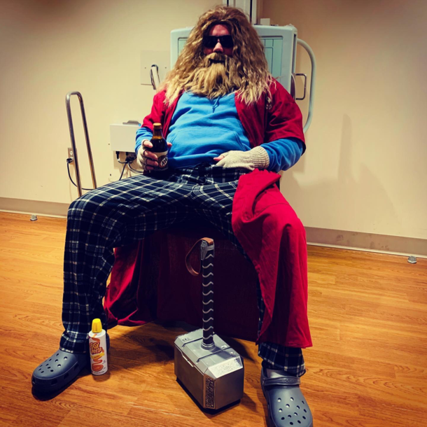 My friend went to work as husky Thor