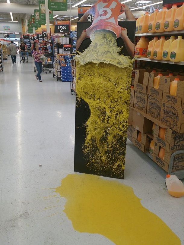 My friends dad works at walmart and posted a picture of somebody that blocked this spill with a Gatorade promo board