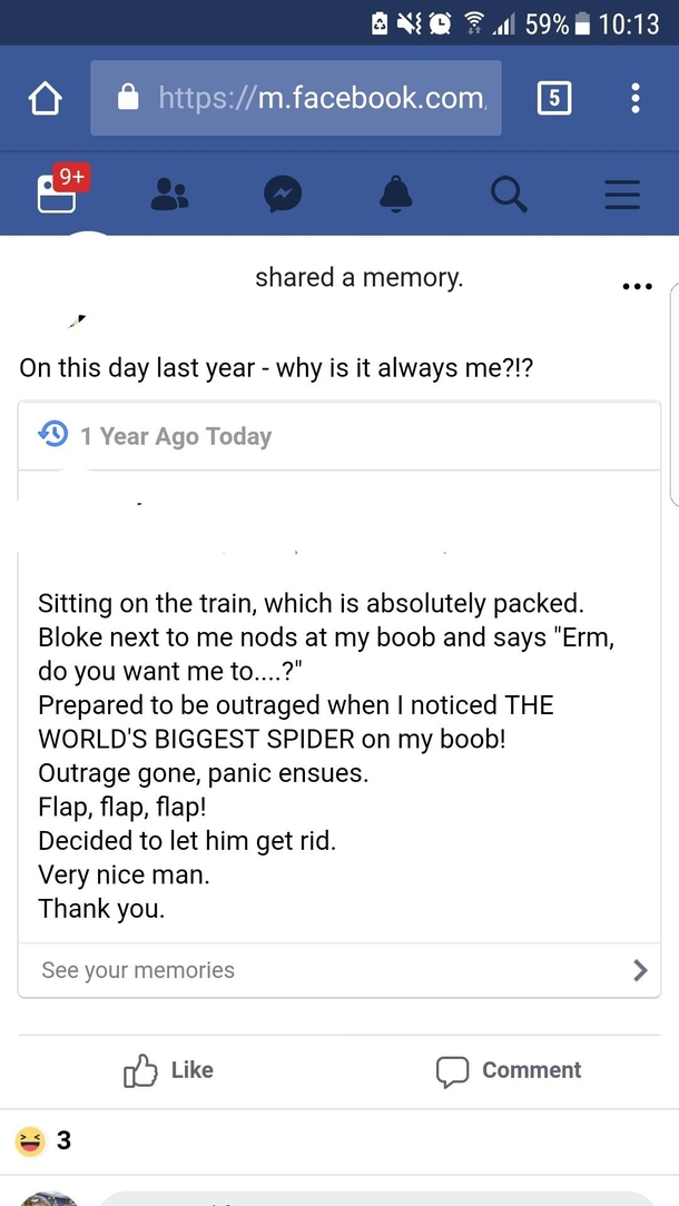 My friends FB status was recalled today Its got spiders and boobs like all the best stories do