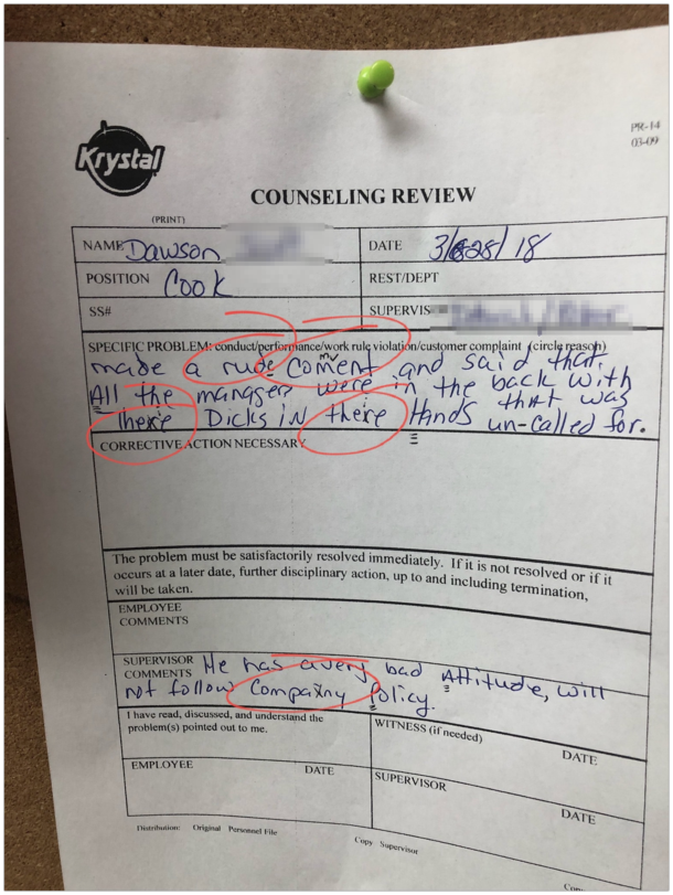 My friends kid Dawson is savage He was written up at work so he posted it but not before he spell checked it