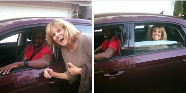 My friends mom sent pictures to her whole family as she hopped into her first UBER ride ever Shes so excited- and probably had a neighbor take the picture