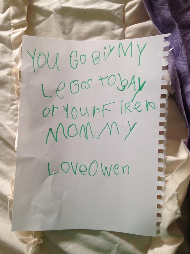 My friends son left this love note on her pillow