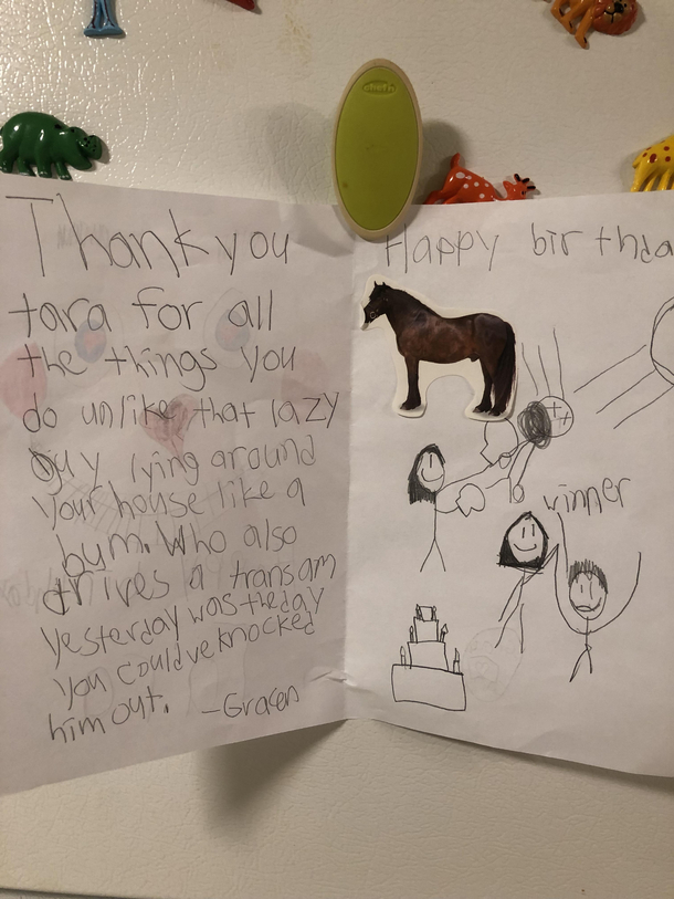My friends son made a birthday card for my wife I think he has a crush