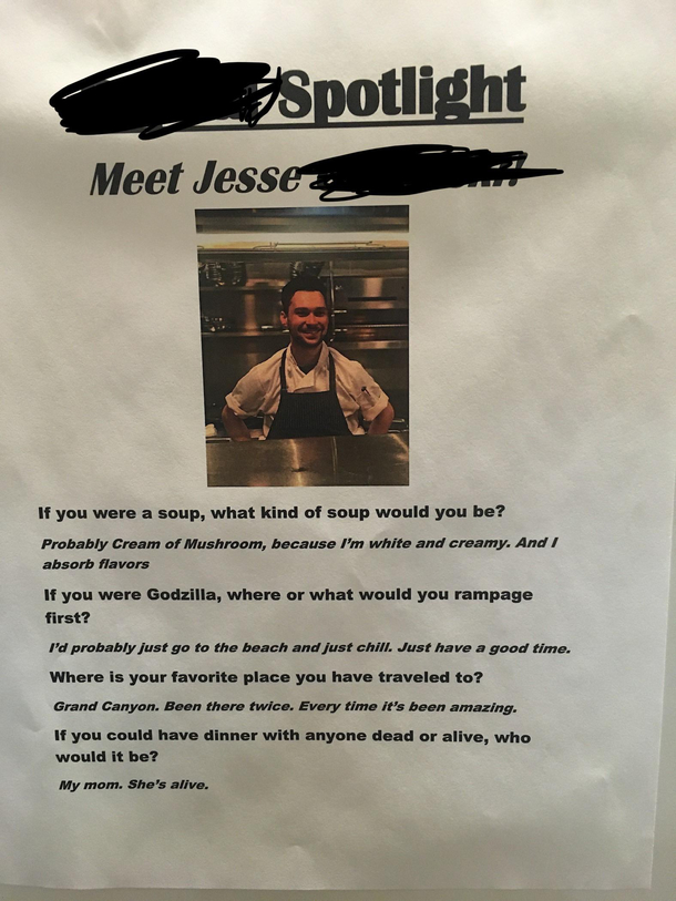 My friends spotlight questionnaire at his job