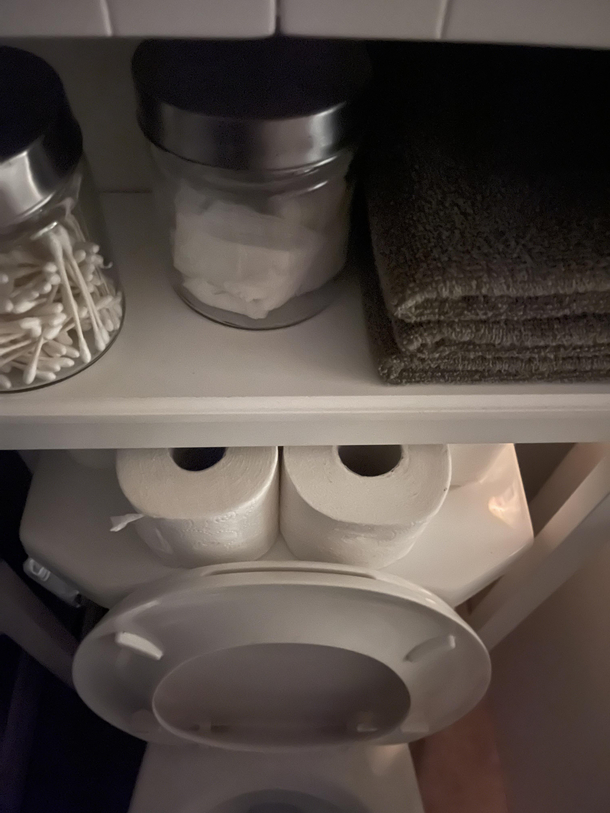 My GF stores TP rolls on her toilet all I see is a toilet cartoon character being disappointed in me
