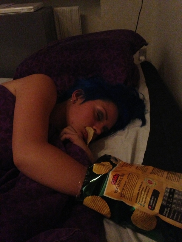 My girlfriend and I got home from a party and got a little hungry She fell asleep like this