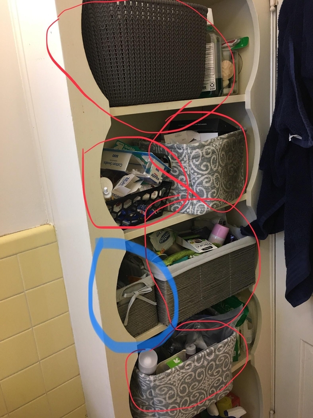 My girlfriend and I share storage space in our bathroom The baskets circled in red belong to her The basket in blue is mine