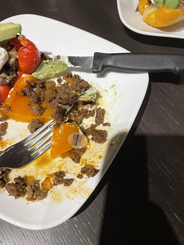 My girlfriend has a problem with forgetting to take stickers off of things Plates cups you name it Well tonights dinner had a special ingredient