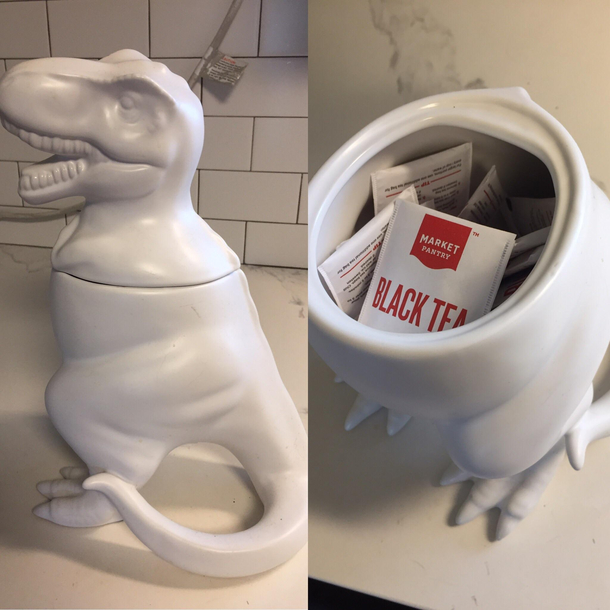 My girlfriend has decided to repurpose our novelty cookie jar Say hello to our Tea-Rex