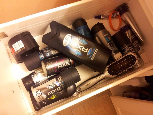 My girlfriends brother is  This is his drawer in the bathroom