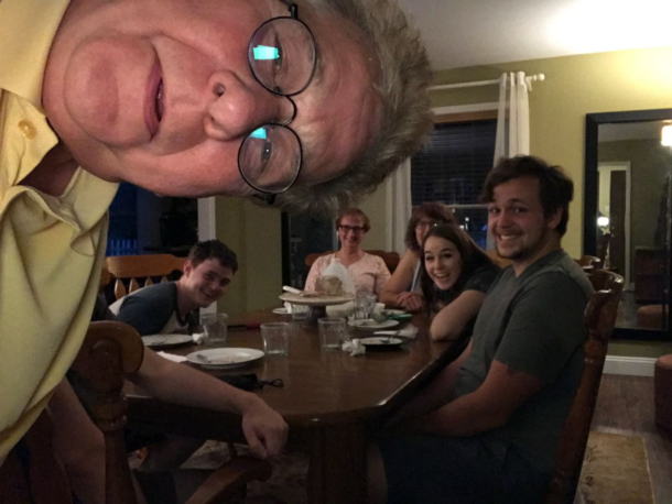 My girlfriends dad trying to take a group picture last night