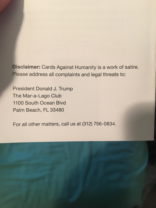 My girlfriends parents gave me Cards Against Humanity for Christmas This was on the back of the Rules Pamphlet