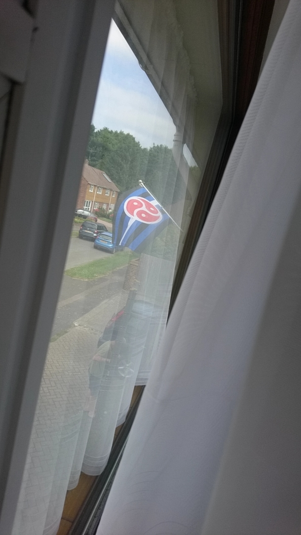 My grandad liked the look of this flag so he bought it and put it on the front of our house we just found out its the BDSM flag