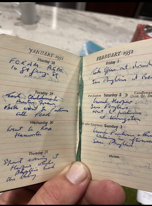 My grandfathers diary from  janst was my mums birthday - Spent evening at Harpers his favorite pub while Phylis  grandma  had the baby 