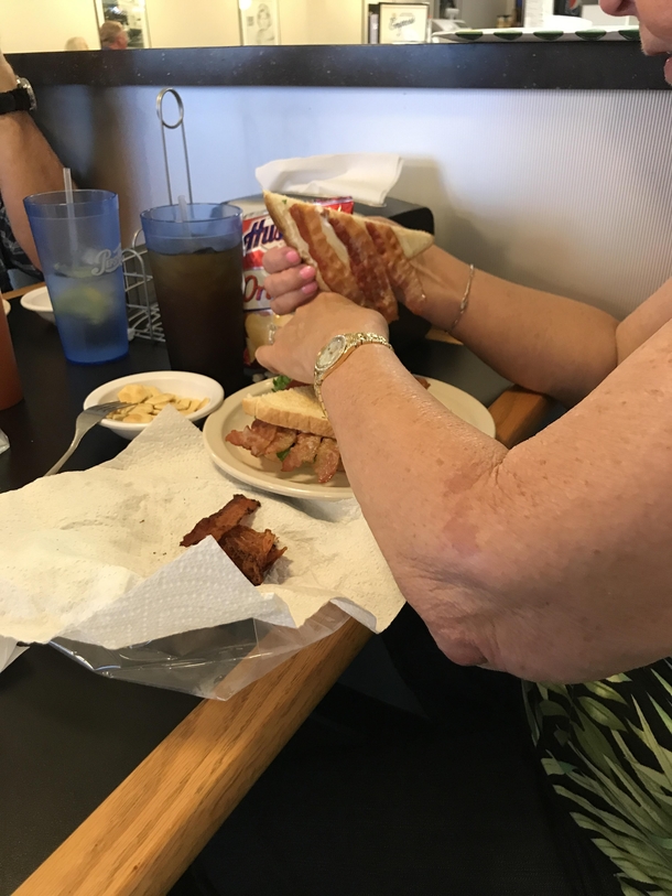 My grandma packs her own bacon because she feels like the restaurants never put enough on her BLTs