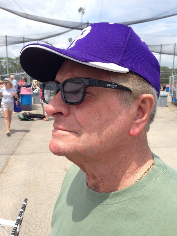 My grandpa found these stylish new glasses and decided to wear them to my brothers game  he has no idea