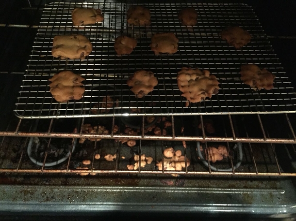 My hubby tried to bake cookies tonight On a cooling rack 
