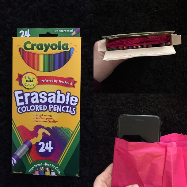 My husband always got colored pencils for his birthday and Christmas growing up and he hates them cause hes colorblind Hes wanted an iPhone forever so today I bought him one and this is how I wrapped it