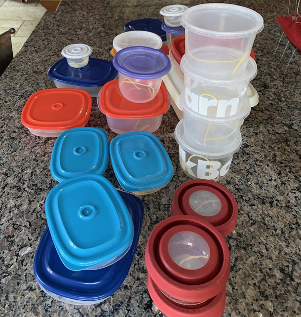 My husband hates when there are small quantities of leftovers in the fridge My son pranked him for April Fools by filling  containers each with one strand of spaghetti