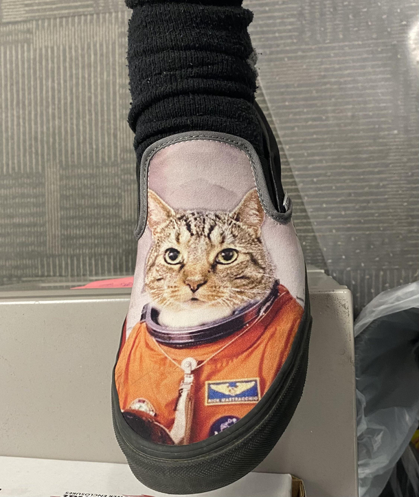 My husband photoshopped our cat as an astronaut and had it printed on his Vans Sweetest boy in space