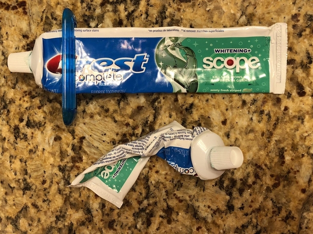 My husbands toothpaste and mine Somehow we make it work