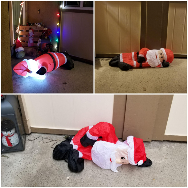 My inflatable Santa went from being drunk to feeling sexy to having been kicked in the nuts today
