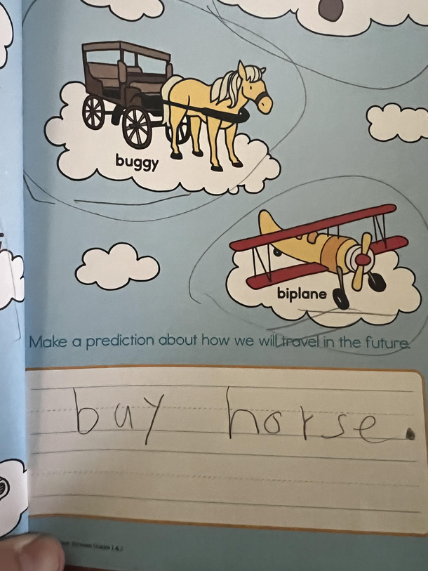 My kid making post apocalyptic predictions in his summer activity book OC
