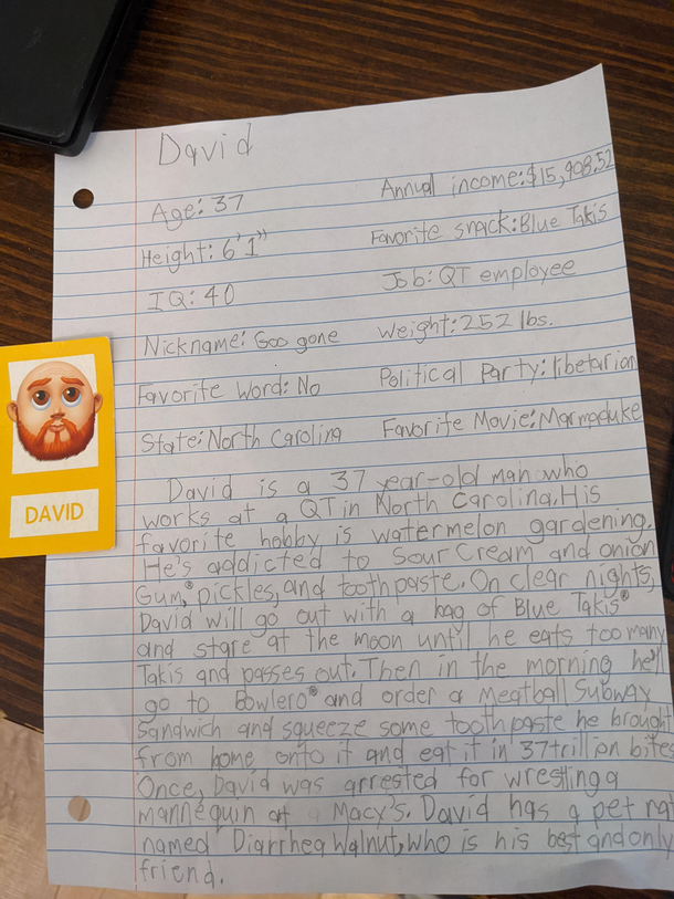 My kids decided to make biographies for each of the Guess Who characters