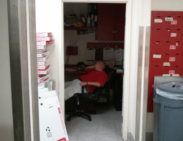 My lady was worried Id get in trouble for texting her at work I responded with this co-worker taking a nap in the managers office
