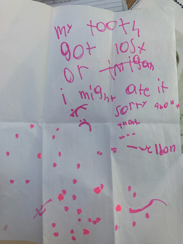 My little brothers apology to the tooth fairy for losing his tooth