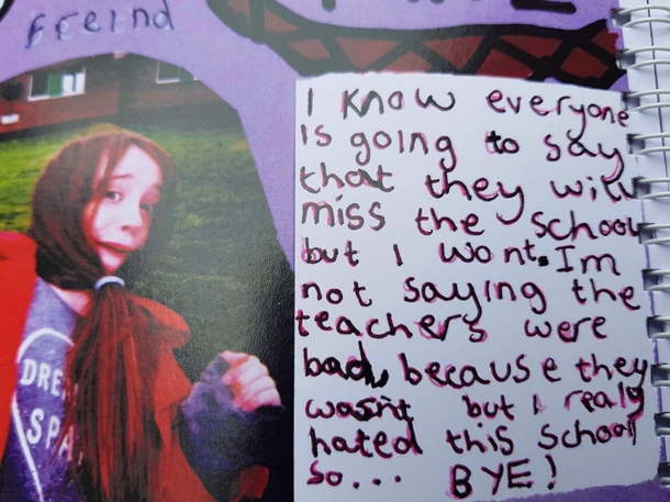 My little sisters farewell message in her schools yearbook