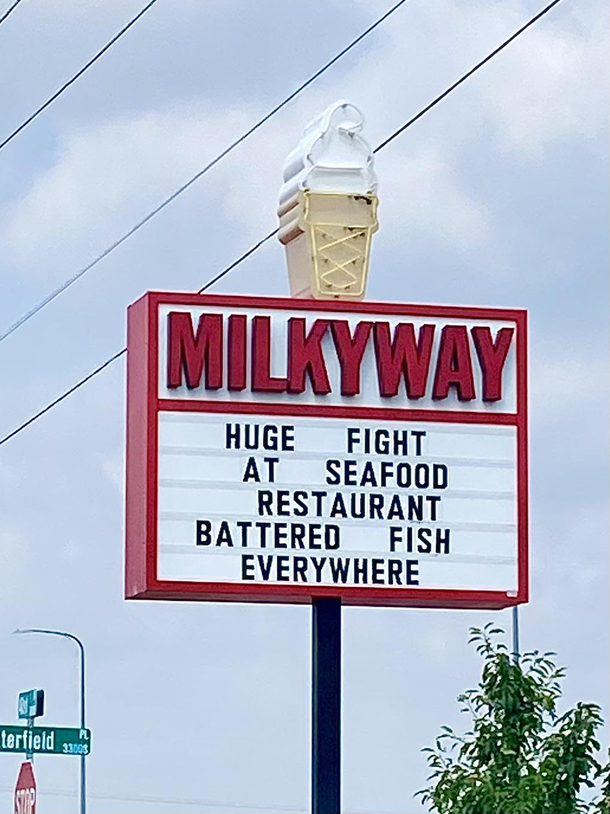 My local ice cream place waving around ocean puns on porpoise just for the halibut