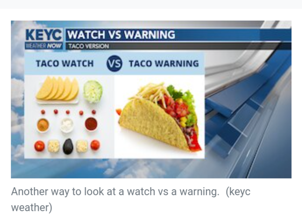 my local news station trying to teach us the difference between a severe weather watch vs weather warning