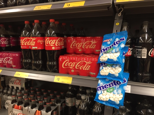 My local supermarket displays Mentos next to Coke