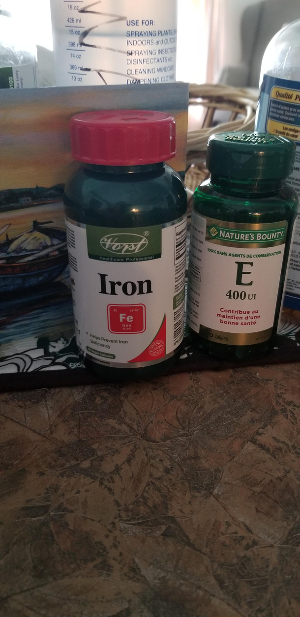 My lovably corny partner strikes again we were having breakfast and he said Oh the irony and I was very confused until I looked over at the vitamin bottles