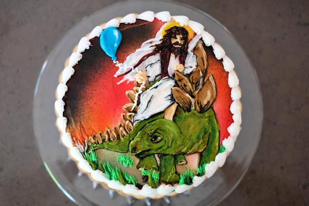 My mom asked my brother what he wanted on his birthday cake He said jokingly Jesus riding a stegosaurus