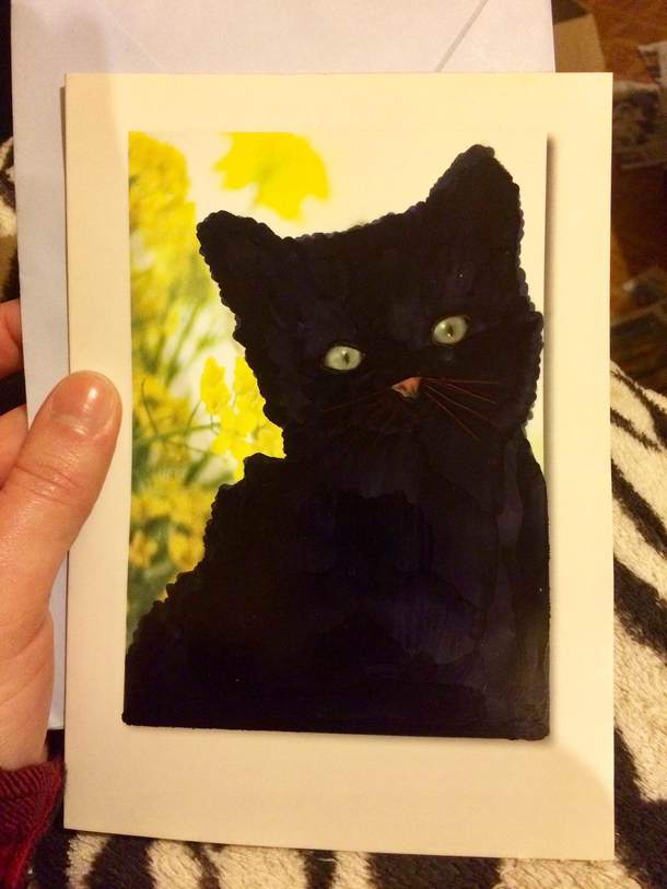 My mom couldnt find a card with a black cat on for my birthday so she bought a card with a tabby cat on and coloured it in 