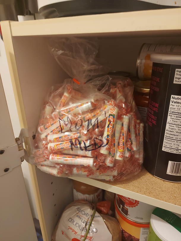 My mom is diabetic She eats Rockets to raise her sugar levels I come to the pantry looking for something to snack on and find this