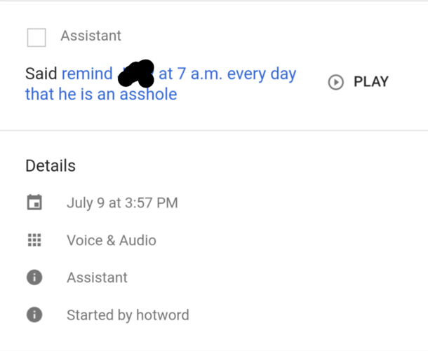 My mom leaving my dad a friendly reminder on the Google Home I got them for their anniversary