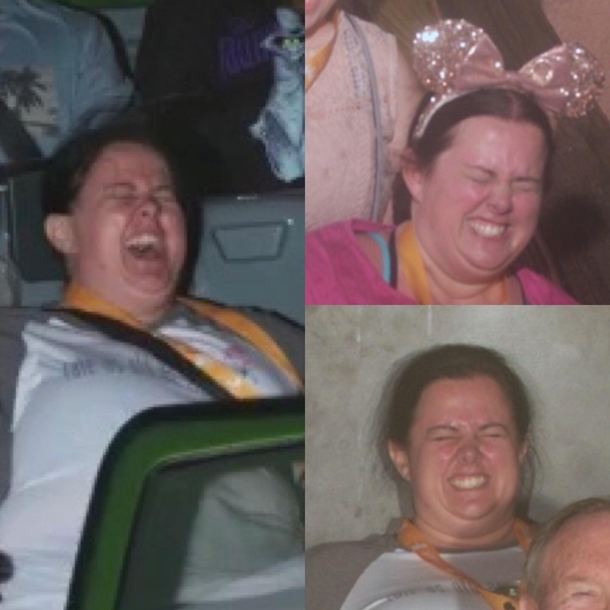 My mom looks like shes giving birth on every attraction photo taken of her at Disneyland