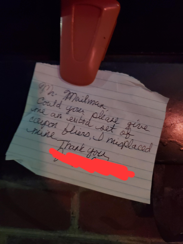 My mom wrote a letter to the mailman about her misplaced coupons