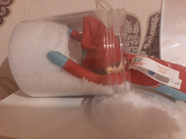 My mum put my brothers elf on the shelf in a fake snow jar and said he was had a cocaine overdose