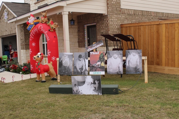 My neighbor got his reindeer decorations stolen so they put out grinch ones instead
