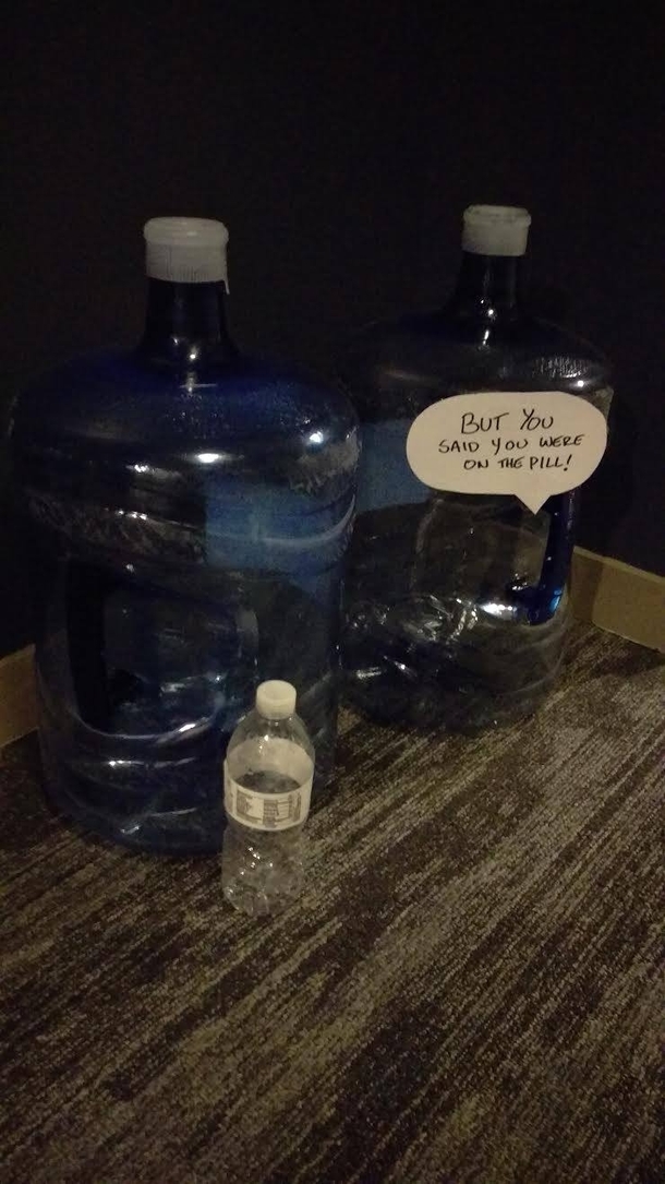 My neighbors left a water cooler jug in the hall way for  weeks then added another  week ago Today they get a surprise