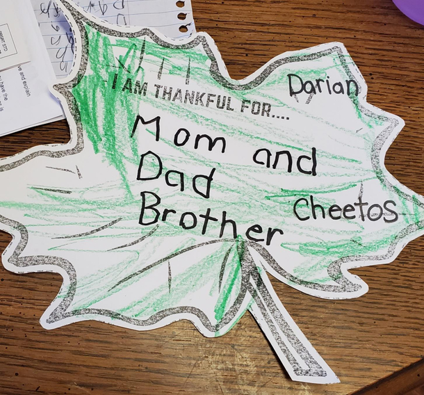 My nephew is thankful for the important things in his life